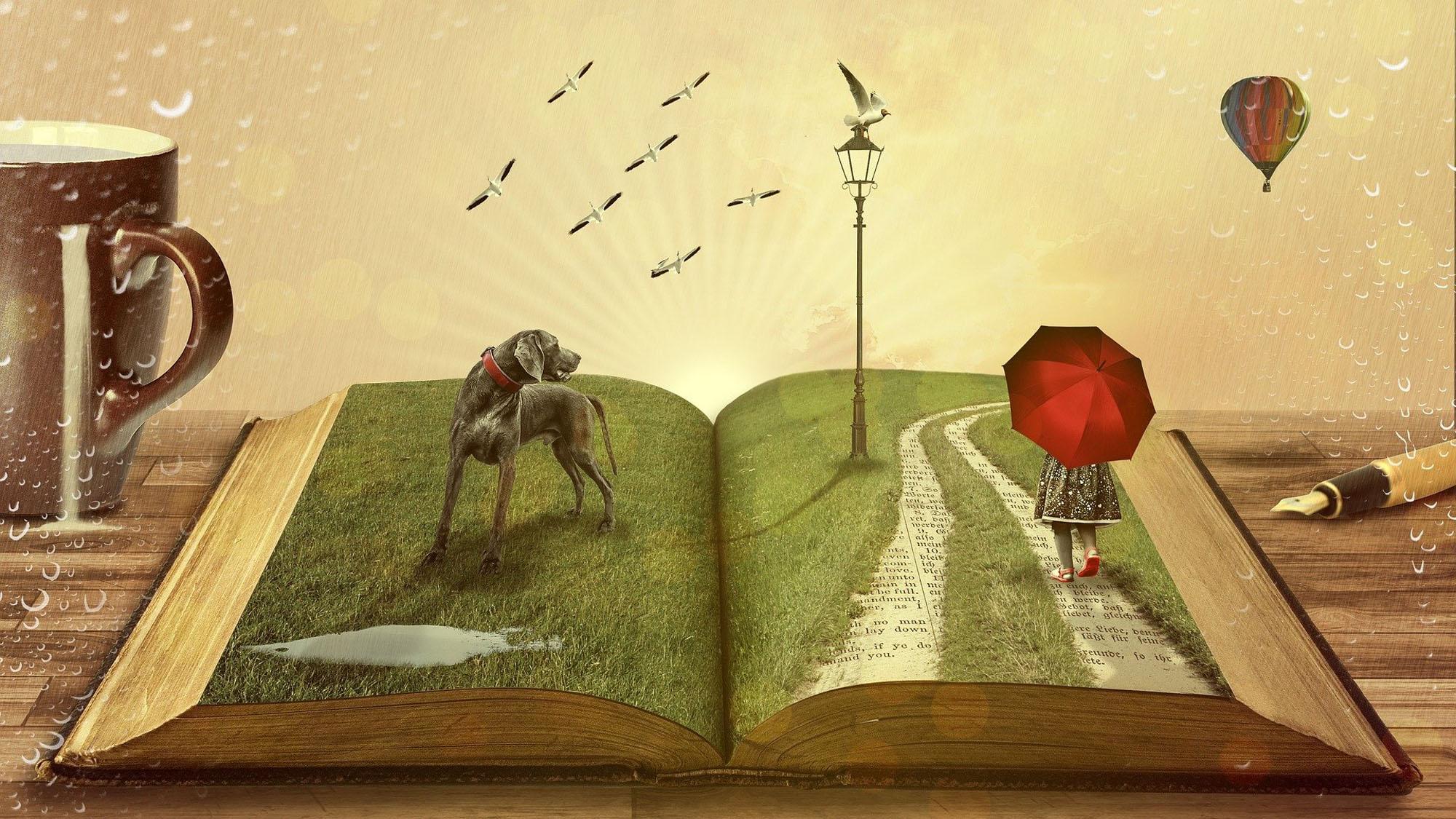 Op de linkerpagina van het boek staat een grote grijze hond. Rechts wandelt een meisje met een rode paraplu door een drassig grasveld.